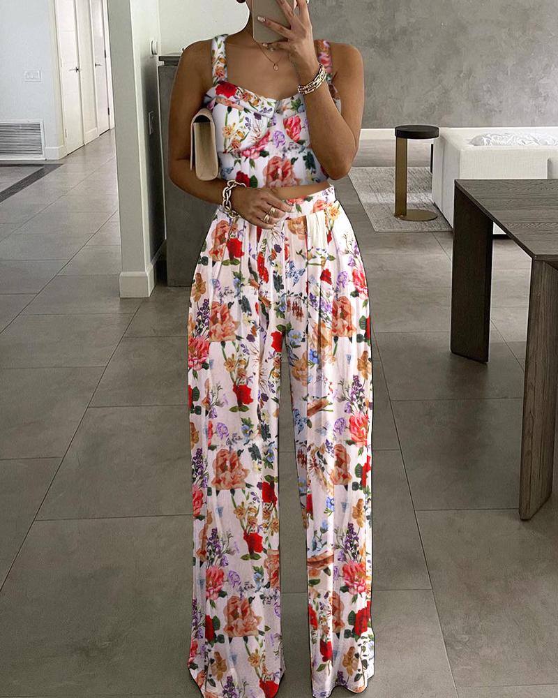 

Floral Print Thick Strap Top & Pants Set, White