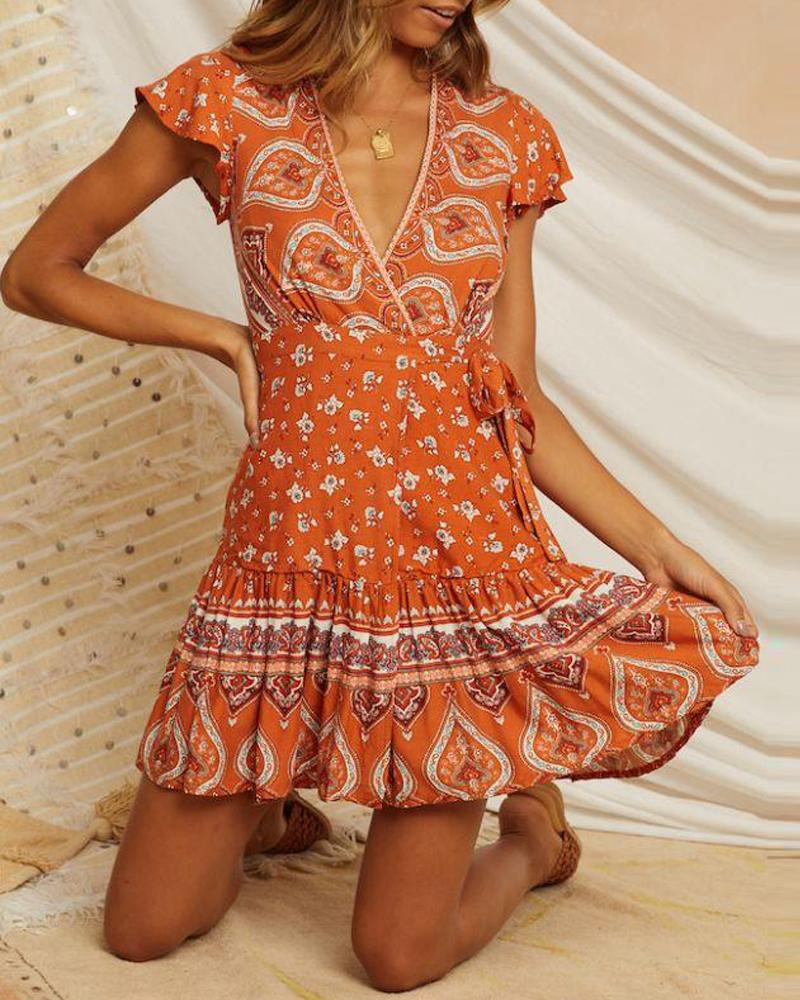 

Boho Print Ruffle Trim Dress, Orange