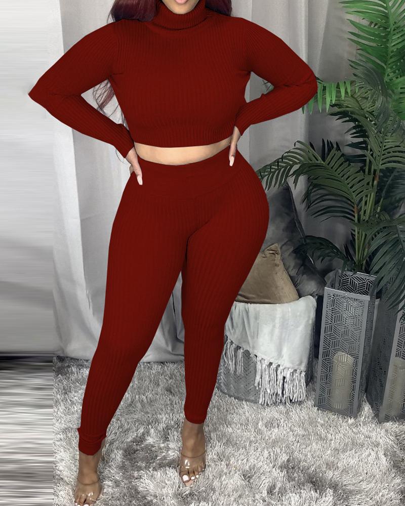 

Ribbed High Neck Crop Top & Pants Set, Wine red