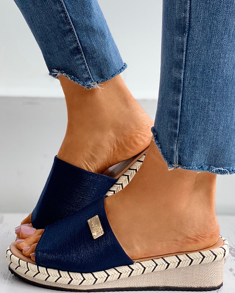 

Metal Decor Woven Flax Wedge Platform Heel, Blue