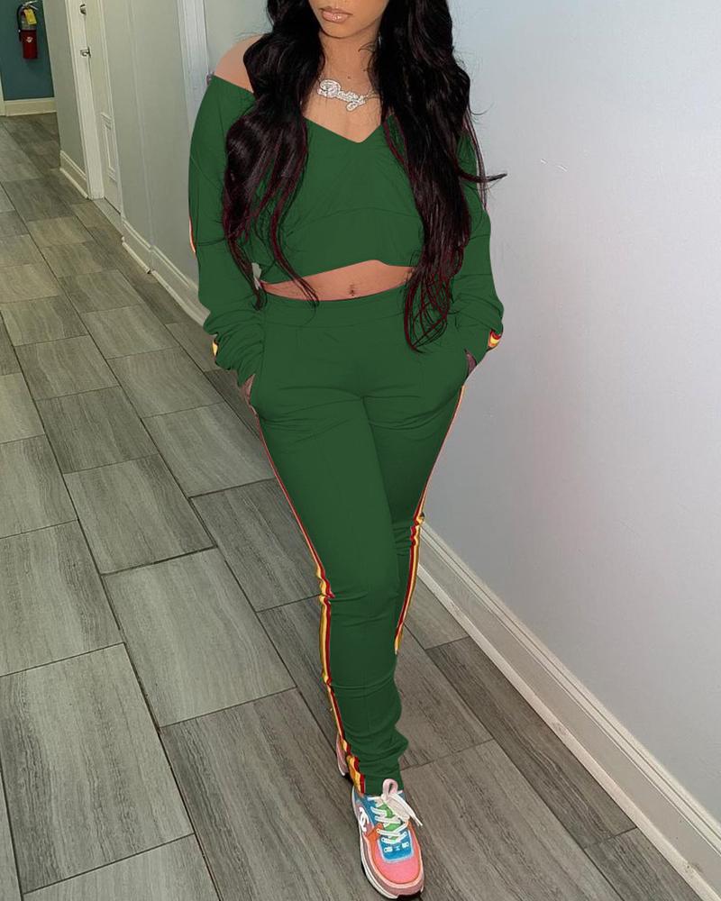 

Striped Tape Top & Pocket Design Pants Set, Army green