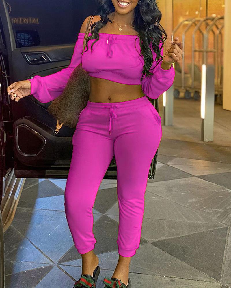 

Solid Off Shoulder Crop Top & Drawstring Pants Set, Hot pink
