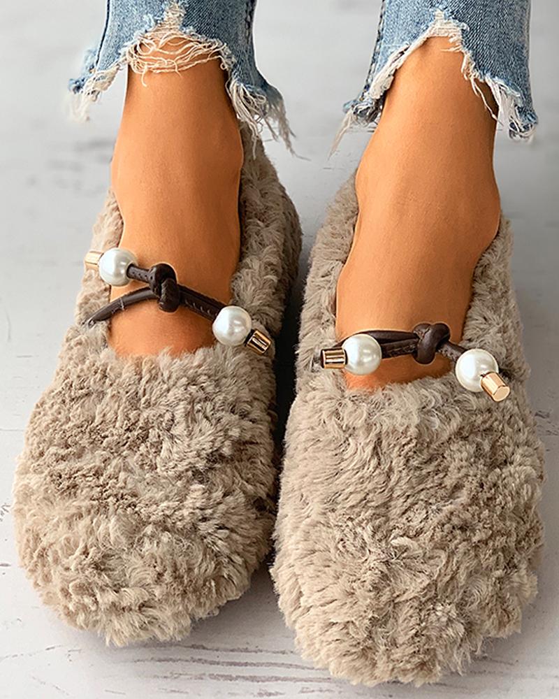 

Beaded Tied Detail Fluffy Shoes, Khaki