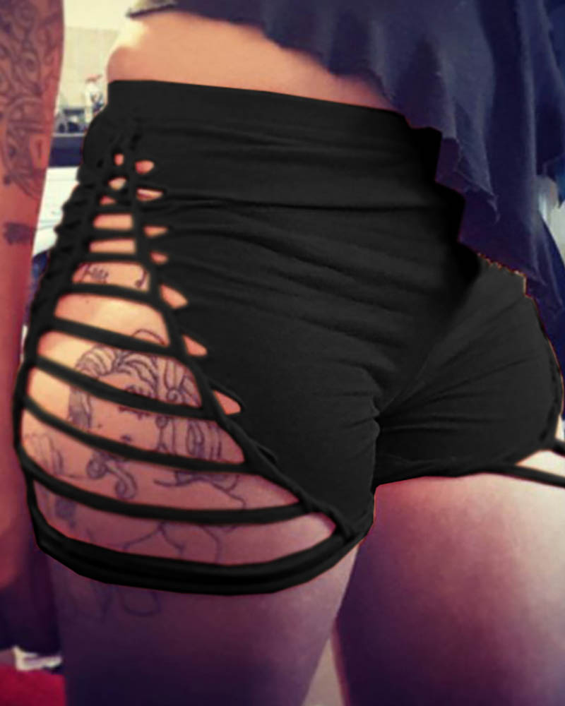 

Ladder Cutout High Waist Casual Shorts, Black
