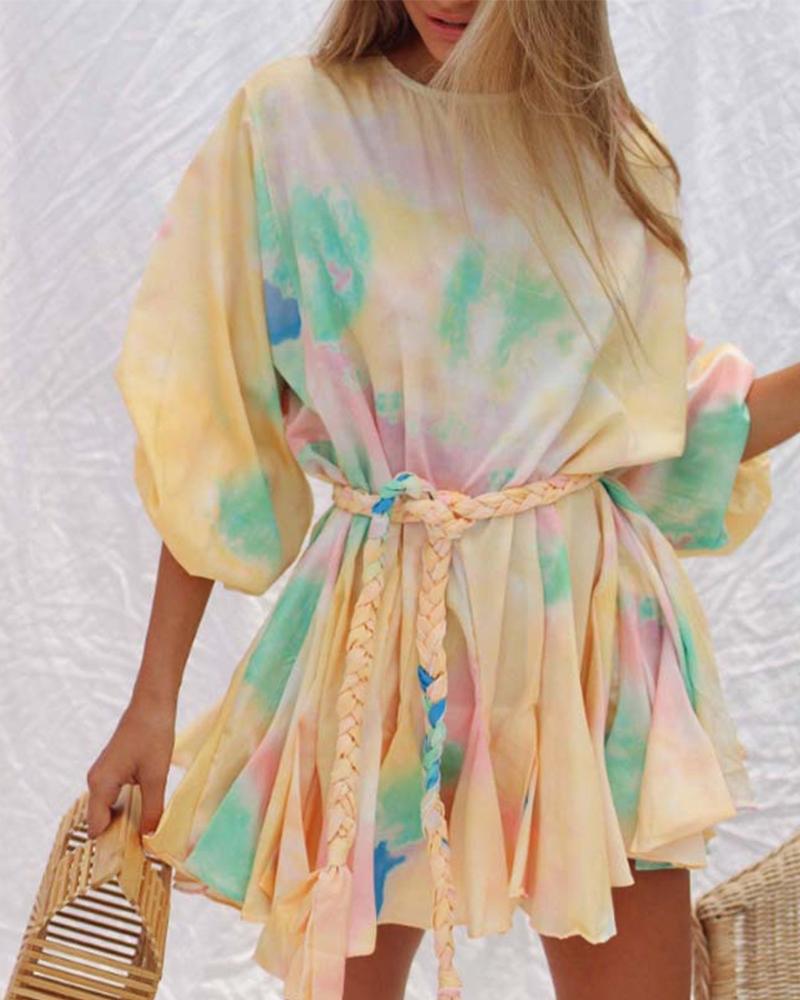

Lace-up All Over Print Lantern Sleeve Mini Dress, Pink
