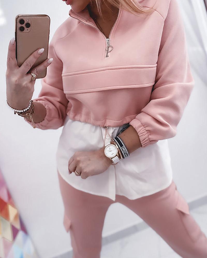 

Zipper Design Long Sleeve Top, Pink