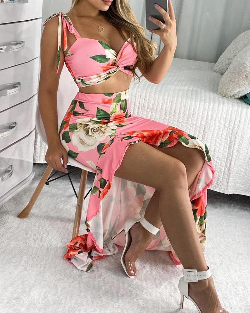 

Floral Print Asymmetrical Spaghetti Strap Top & Skirt Set, Pink