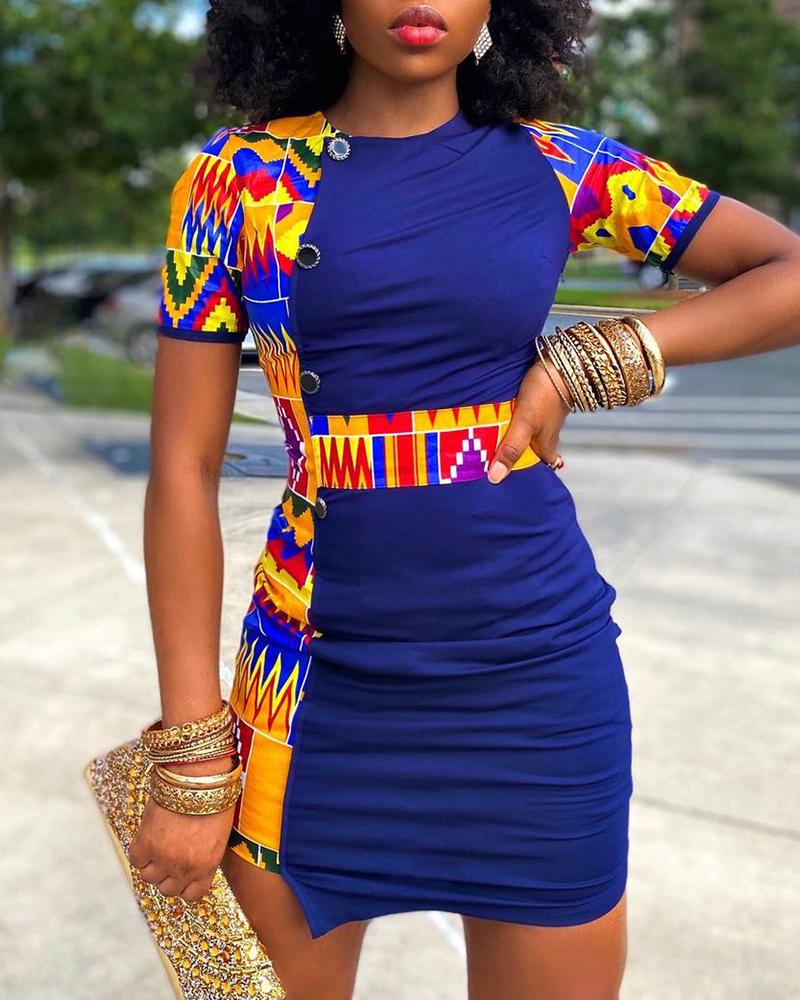 

Colorblock Button Decor Ruched T-shirt Dress, Blue