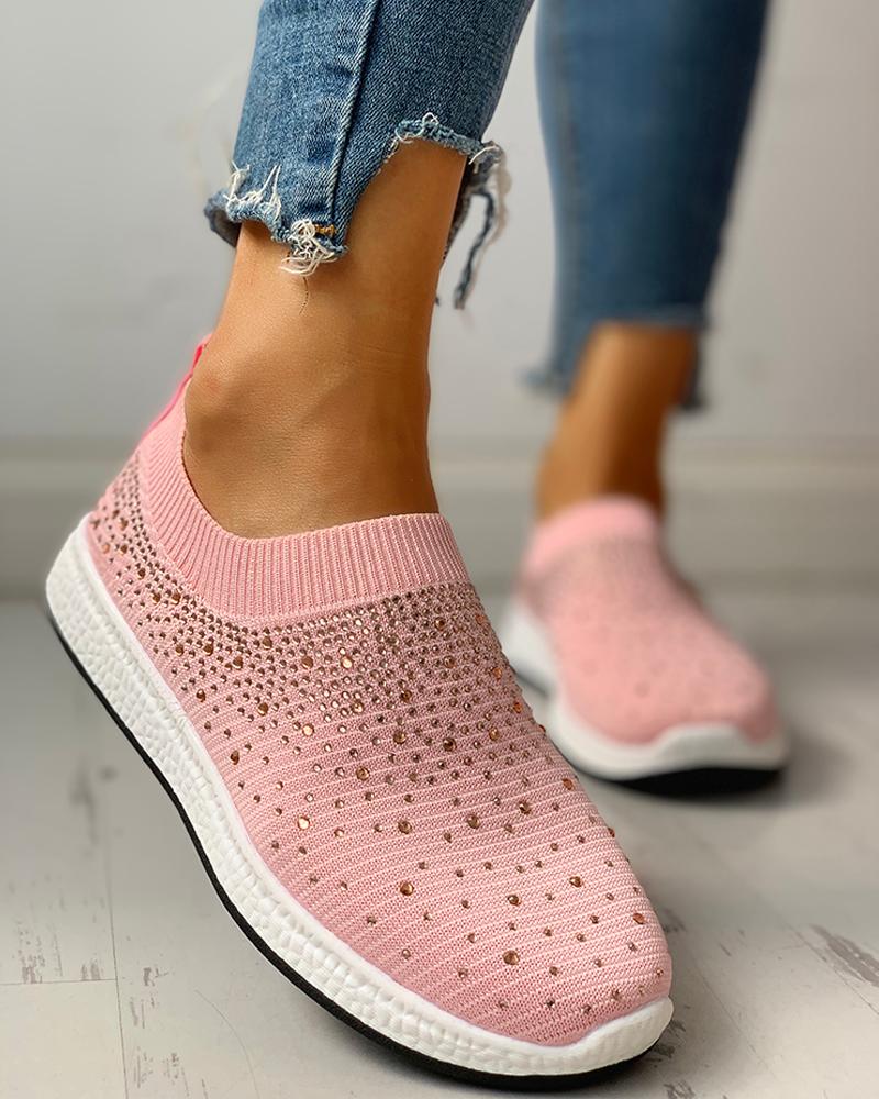 

Hot Stamping Ribbed Breathable Knitting Sneakers, Pink