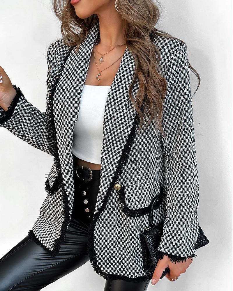 

Double Breasted Fringe Hem Tweed Blazer Coat, Black