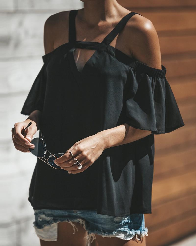 

Cold Shoulder Cutout Front Bell Sleeve T-shirt, Black