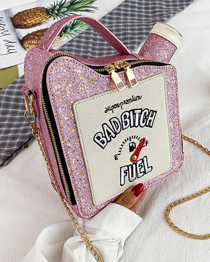 

Oilcan Shaped Letter Embroidery Crossbody Bag, Pink