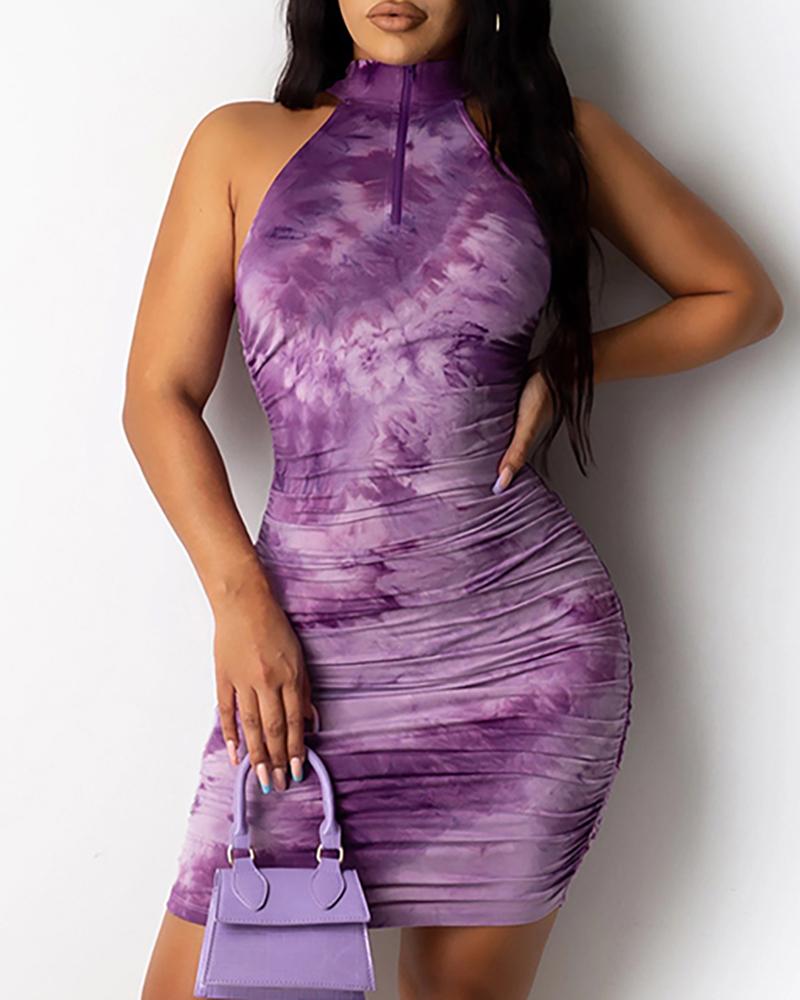 

Tie Dye Ruched Sleeveless Bodycon Dress, Purple