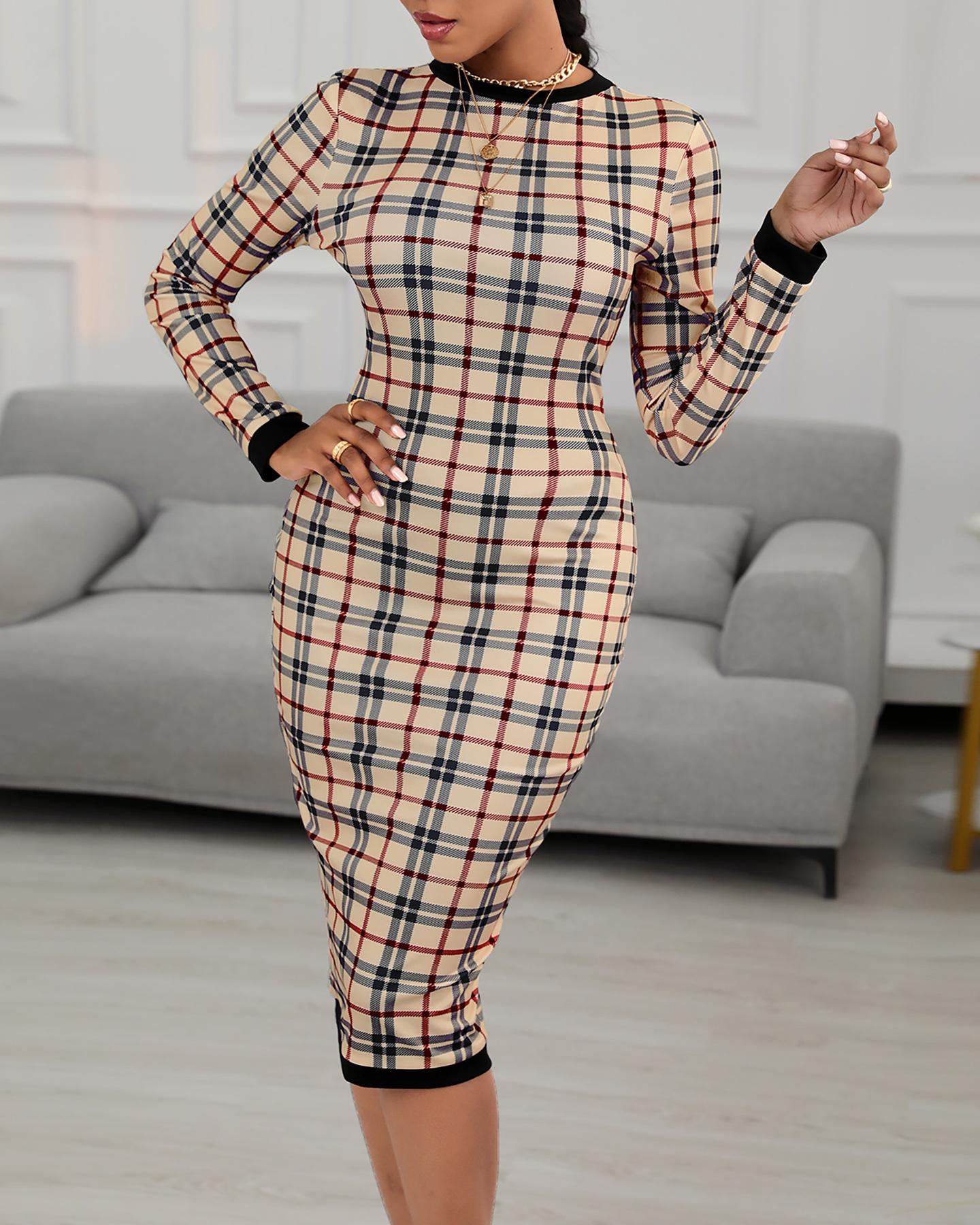 

Plaid Long Sleeve Cutout Back Midi Dress, Khaki
