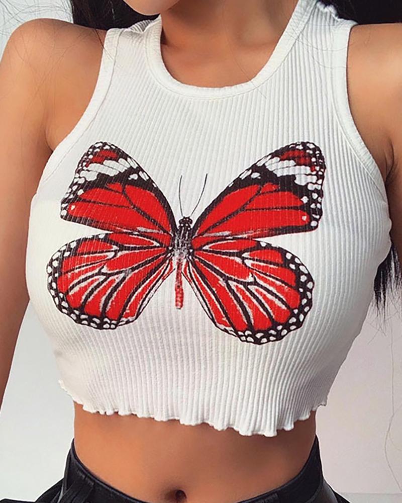 

Butterfly Print Sleeveless Ribbed Top, White