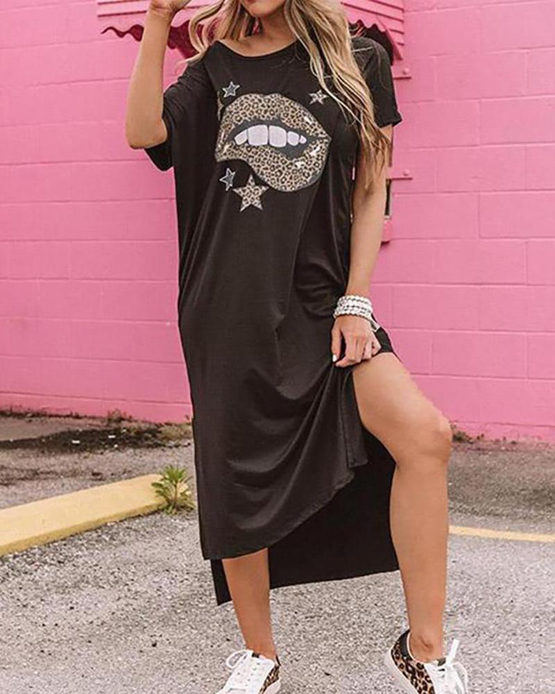 

Leopard Lip Print Slit Dress, Black