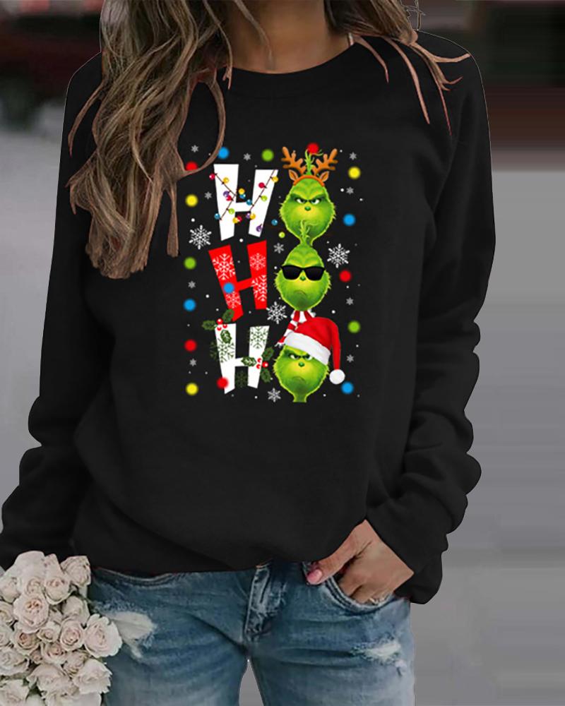 

Christmas Letter Cartoon Print Long Sleeve Top, Black