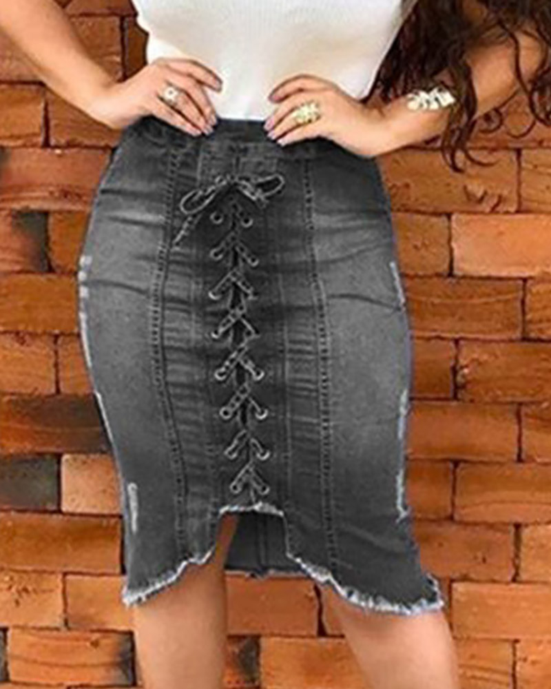 

Denim Eyelet Lace-up Zipper Irregular Skirt, Gray