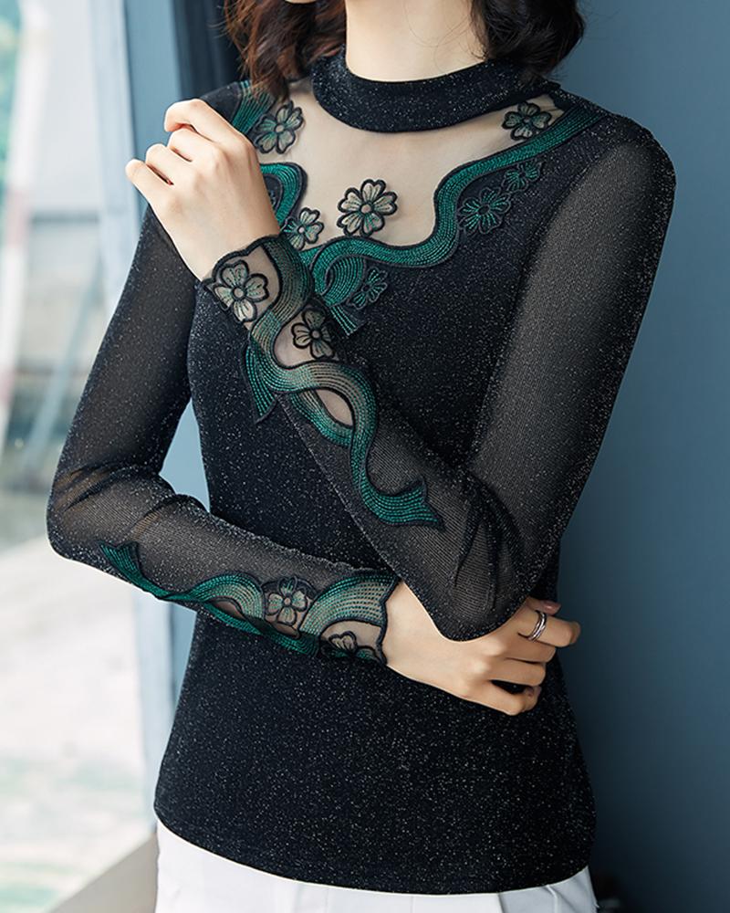 

Embriodery Mesh Patchwork Long Sleeve Skinny T-shirts, Green