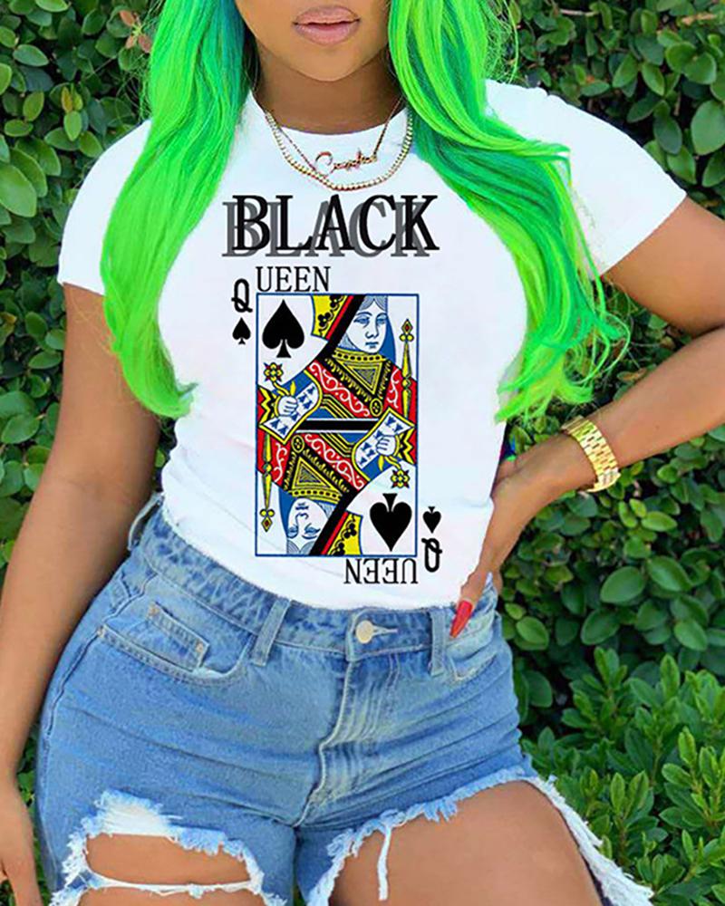 

Letter Poker Print Short Sleeve Casual T-shirt, White