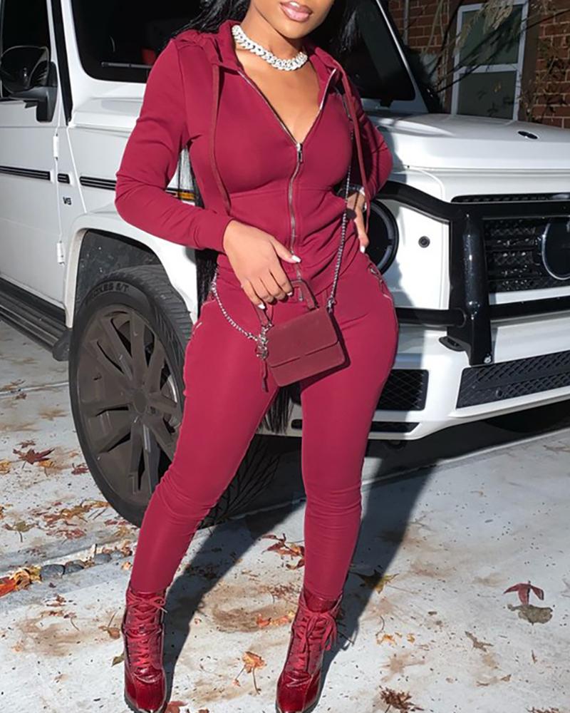 

Zipper Design Hooded Top & Pants Set, Wine red