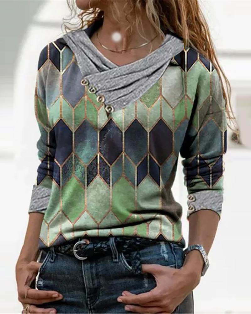 

Geometric Print Button Design Long Sleeve Women Top, Green