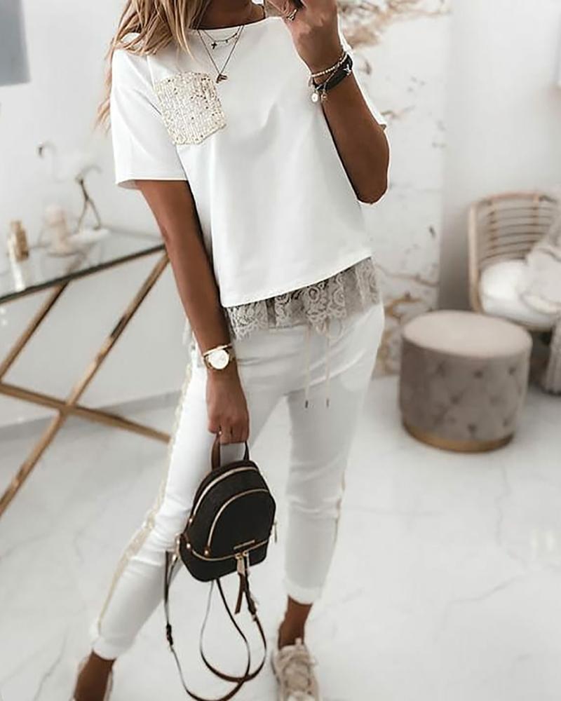 

Sequins Lace Trim Short Sleeve Top & Pocket Design Pants Set, White