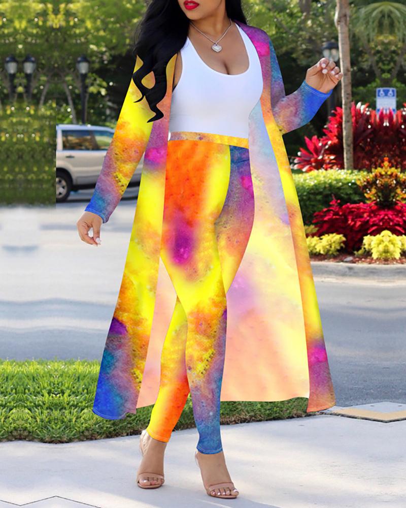 

Tie Dye Print Colorblock High Waist Pants & Long Sleeve Cardigan Set, Yellow