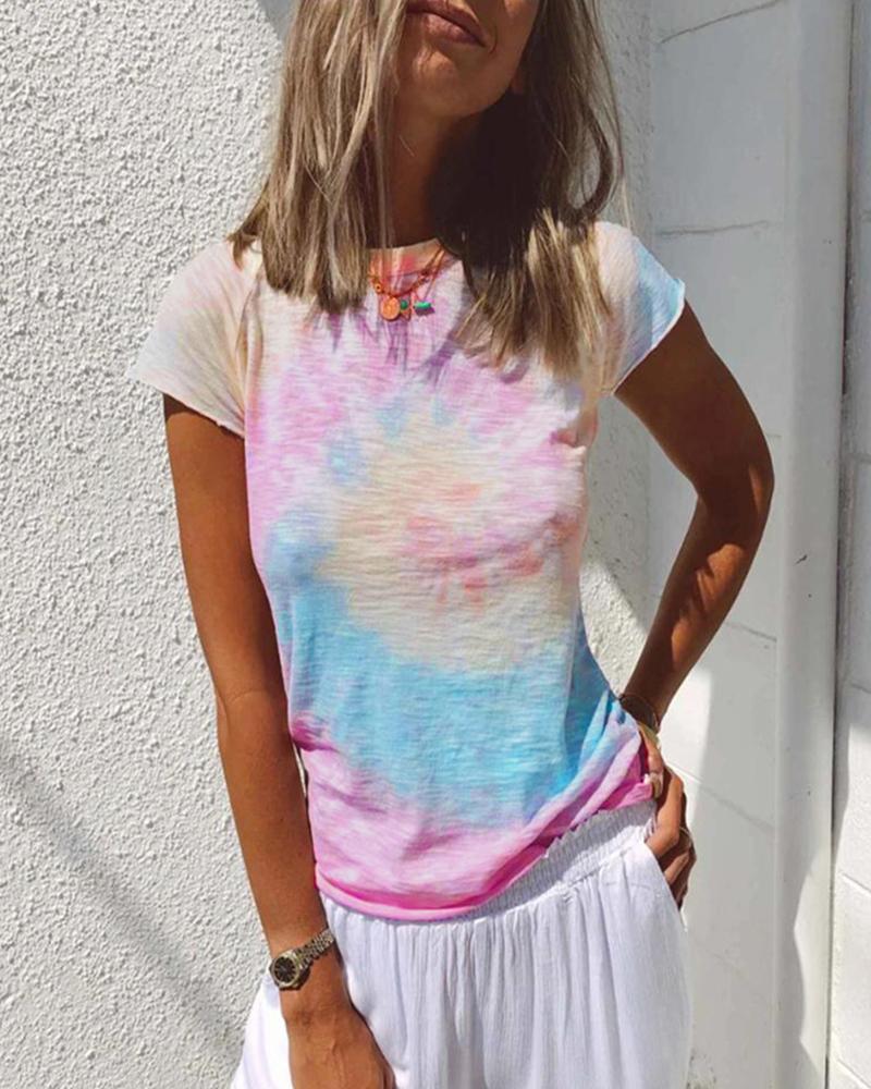 

Tie Dye Print Short Sleeve Casual T-shirt, Pink
