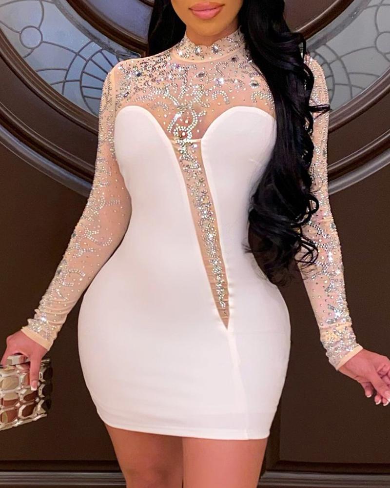 

Sheer Studded Long Sleeve Bodycon Dress, White