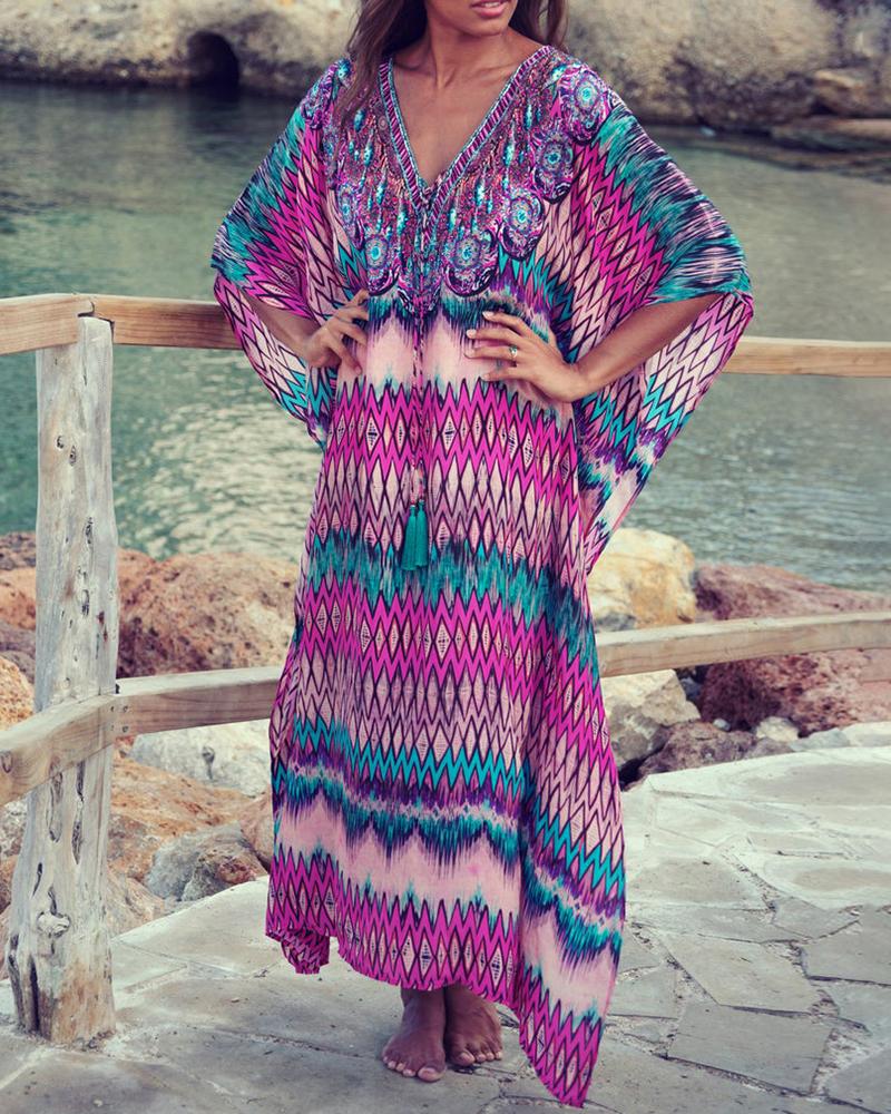 

Scarf Print Long Sleeve Bikini Cover Up, Purple