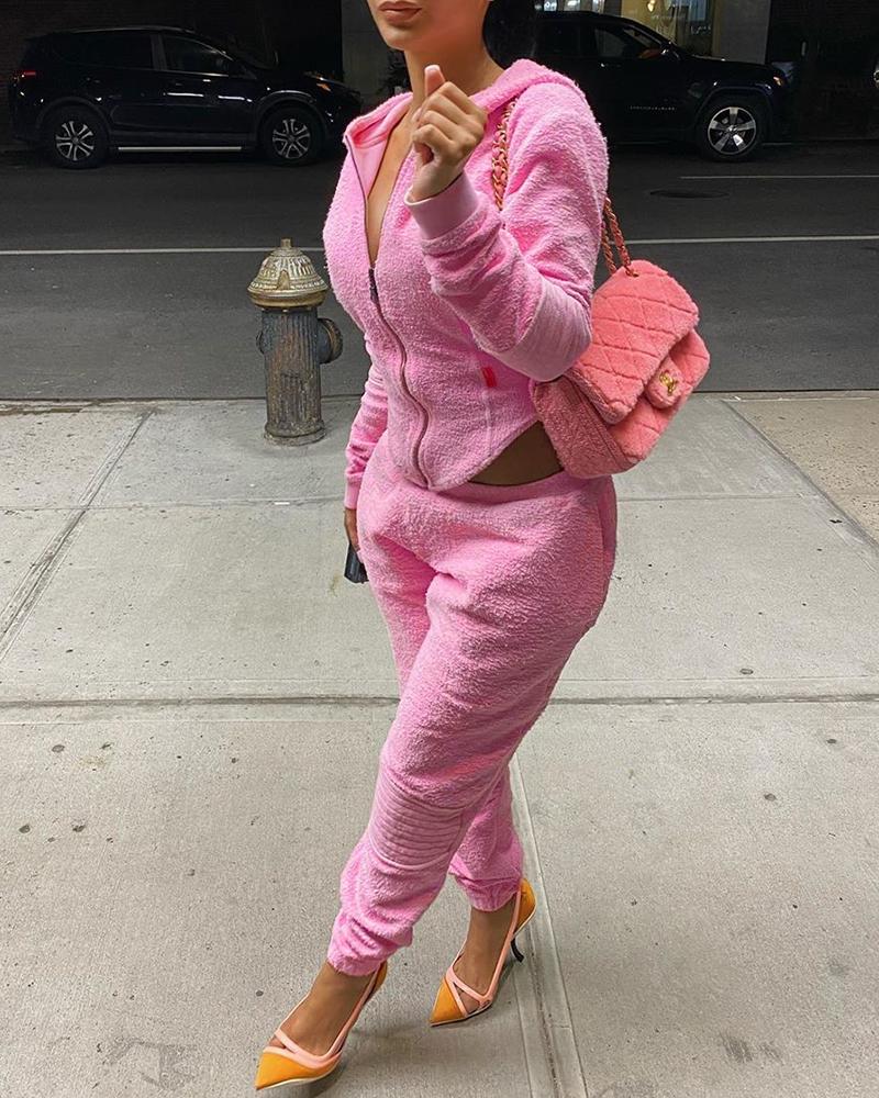 

Fluffy Zipper Design Hooded Top & Pocket Design Pants Set, Pink