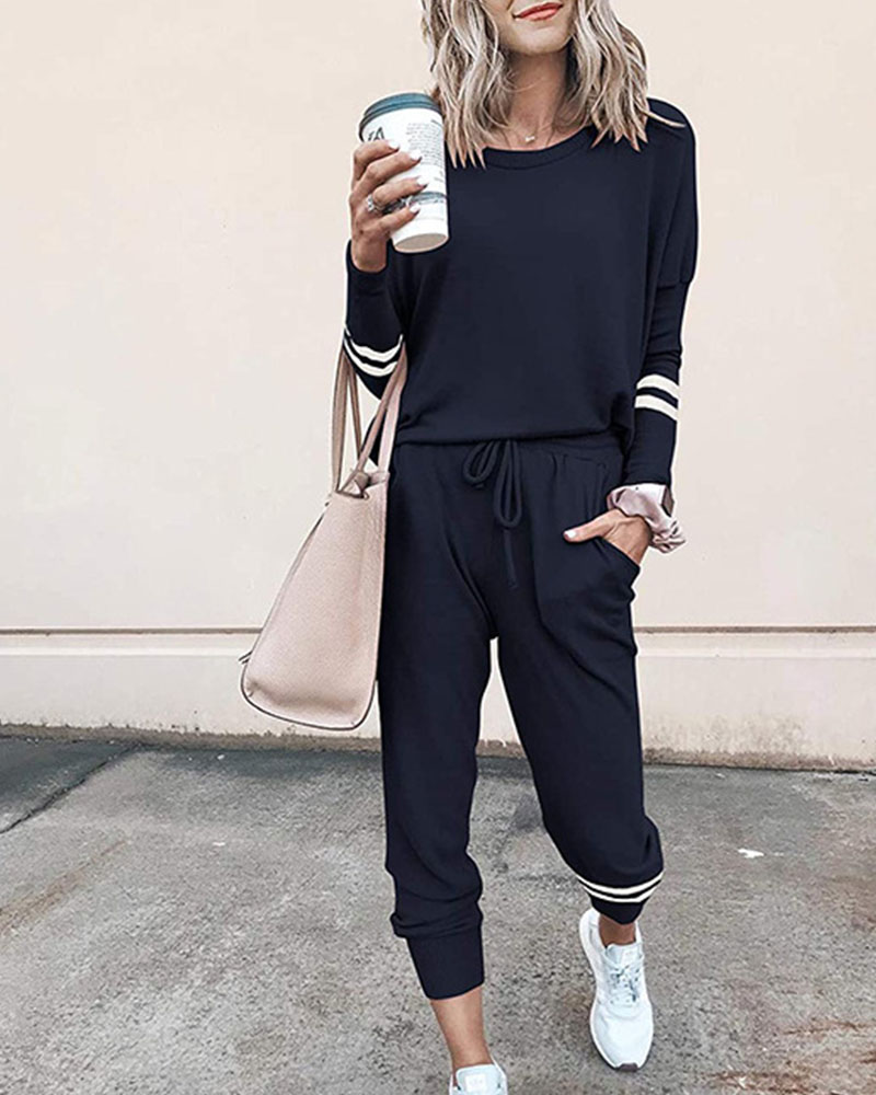 

Solid Long Sleeve T-shirt With Pants Suit Sets, Dark blue