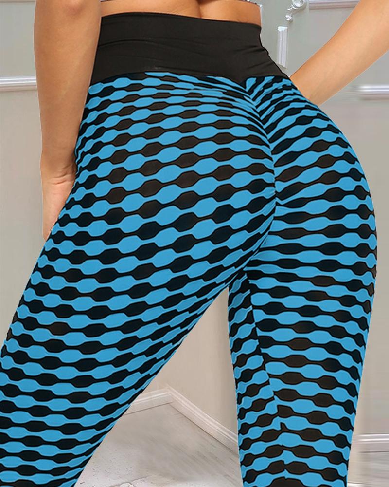 

Black & White Patterns Print Skinny High Elastic Yoga Pants, Blue