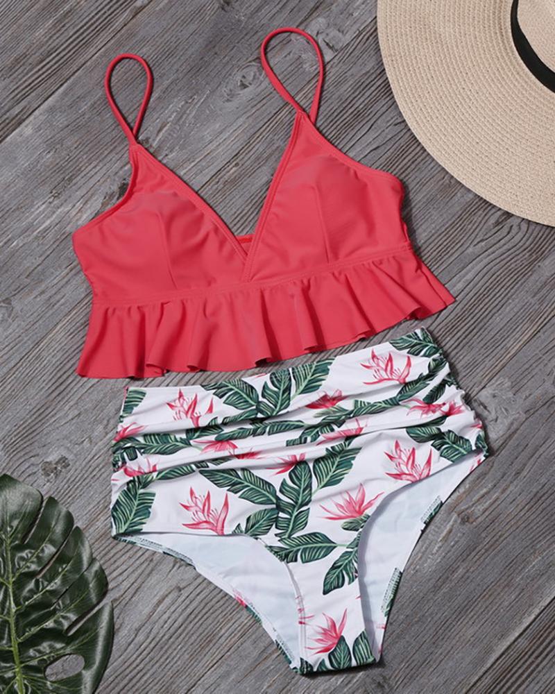 

Spaghetti Strap Leaf Print Ruffles Bikini Set, Wine red