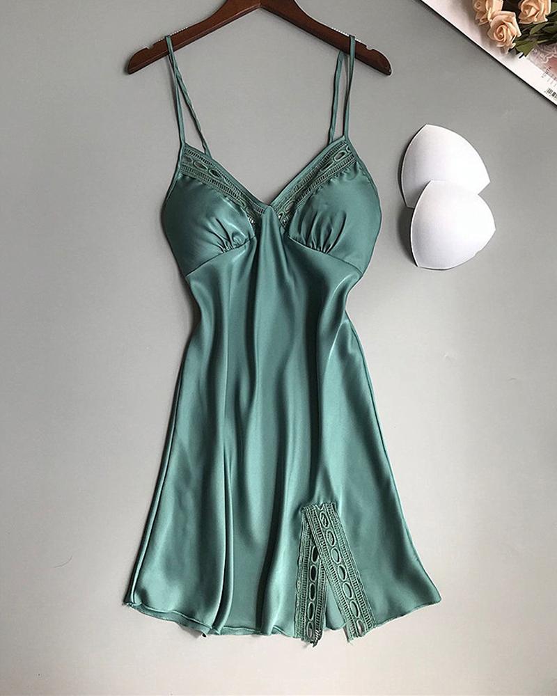 

Lace Hollow Out Satin Padded Babydoll, Green
