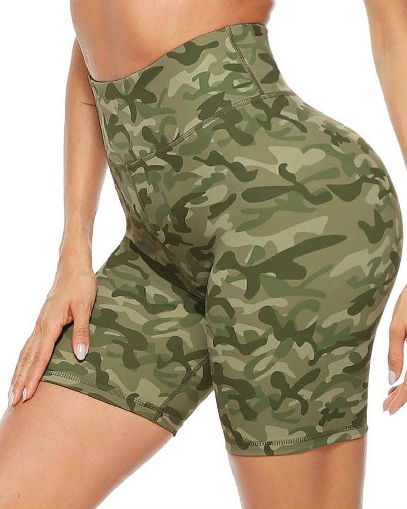 

Camouflage Print Skinny High Elastic Active Shorts, Camoflage