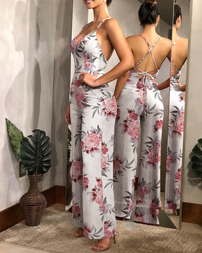 

Floral Print Crisscross Backless Wide Leg Jumpsuit, White