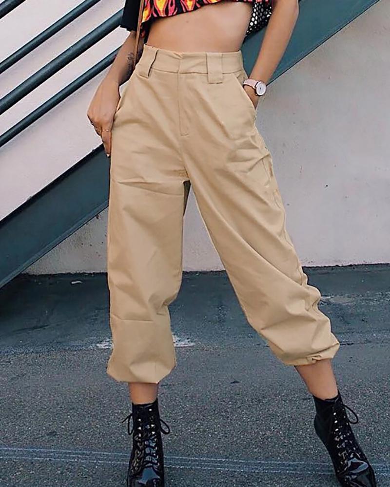 

Chain Decor Pocket Design Solid Cargo Pants, Khaki