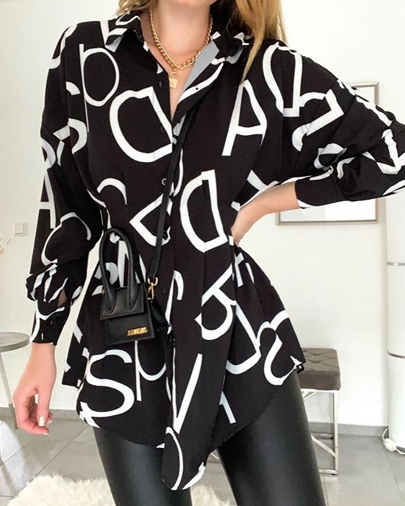 

Letter Print Long Sleeve Shirt Dress, Black