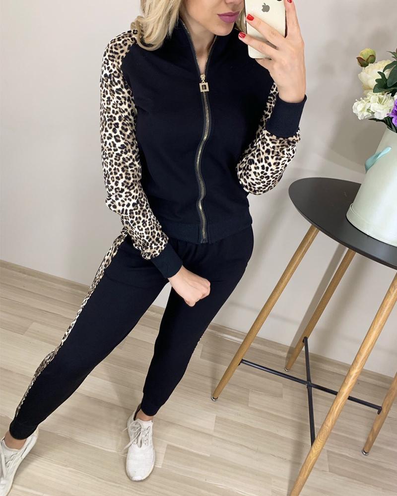 

Cheetah Patchwork Long Sleeve Tracksuit, Black