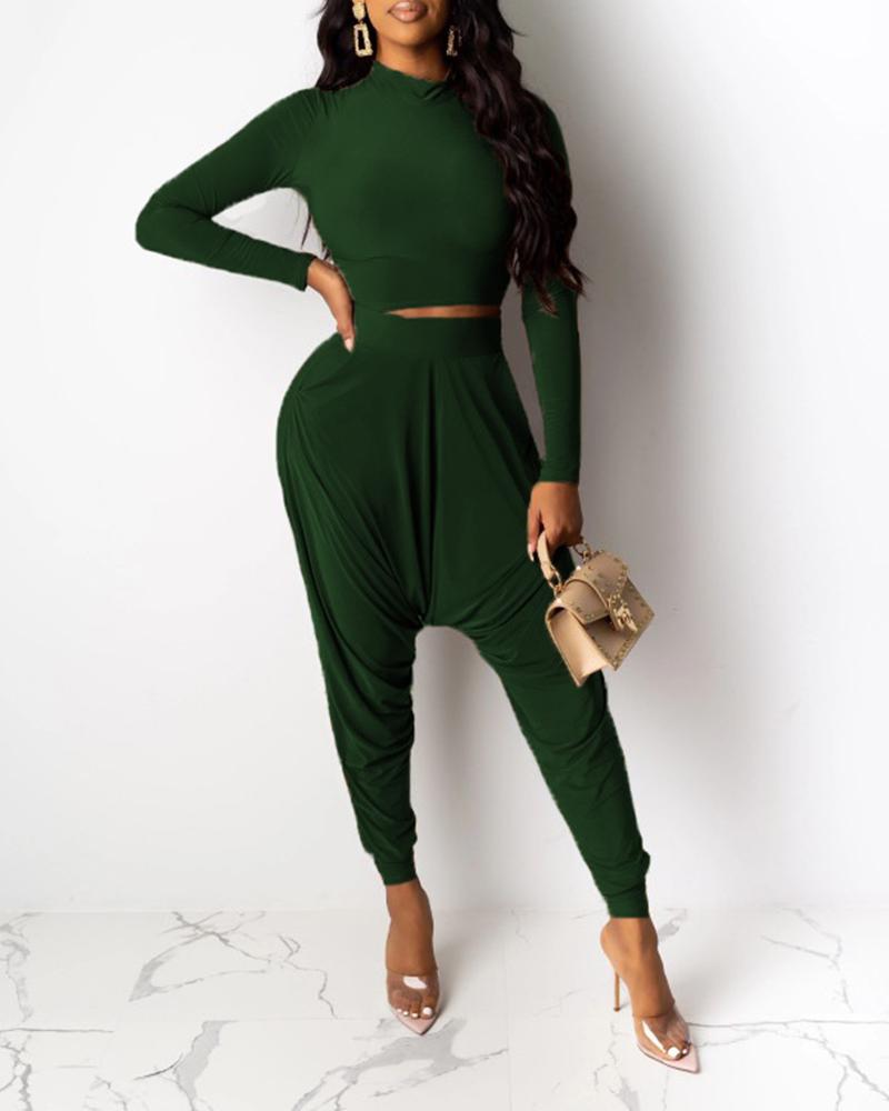 

Solid Long Sleeve Skinny Harem Pants Suit Sets, Green