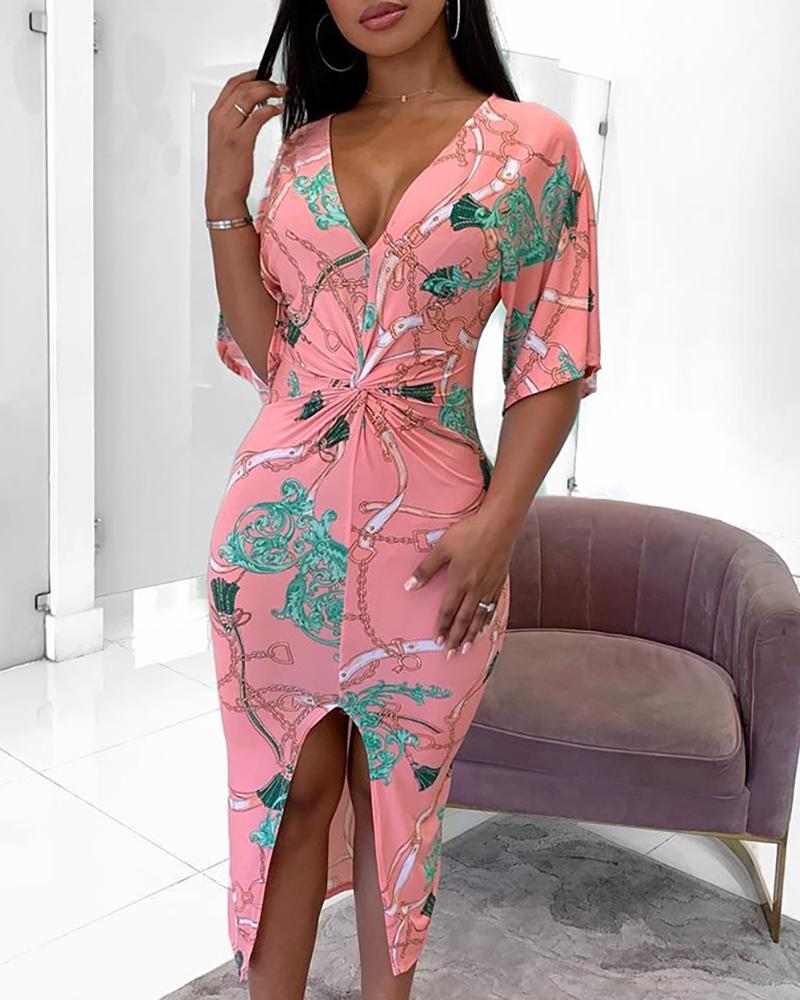

Twisted Design Slit Chain Print Bodycon Dress, Pink