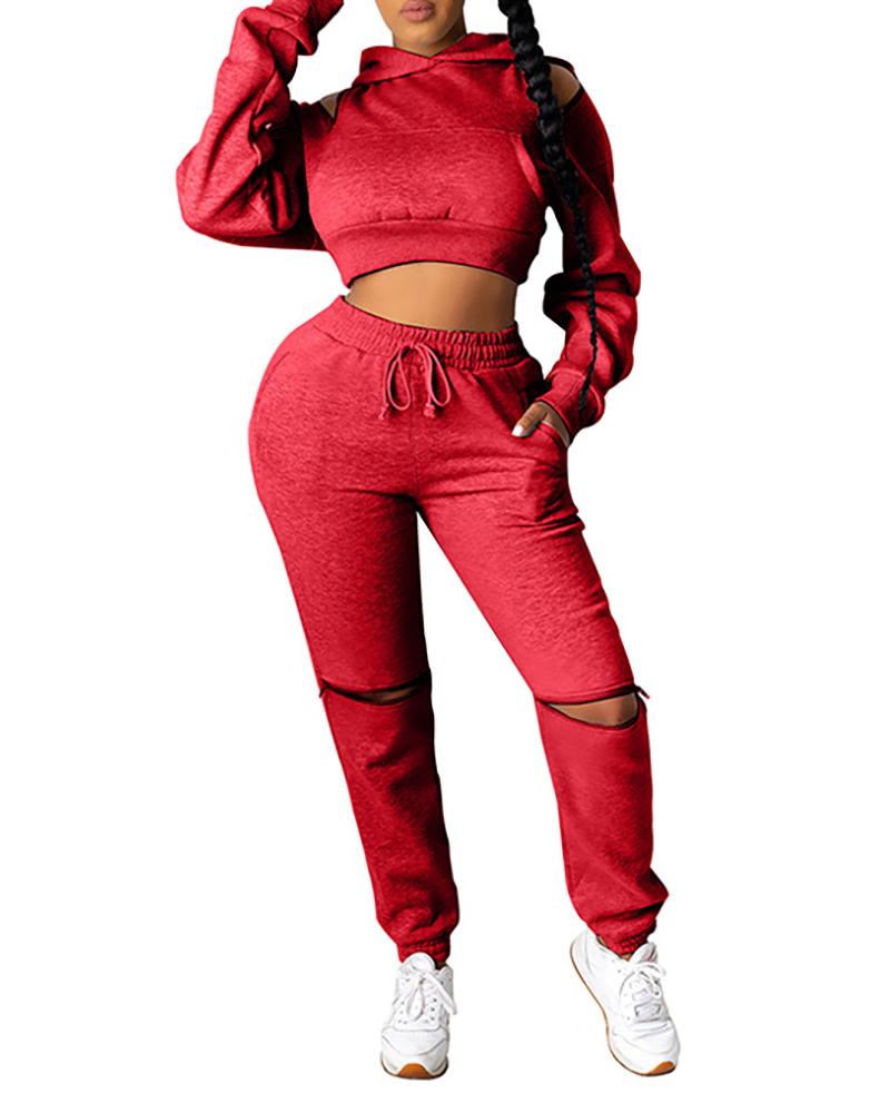 

Cold Shoulder Hooded Crop Top & Drawstring Cutout Pants Set, Red