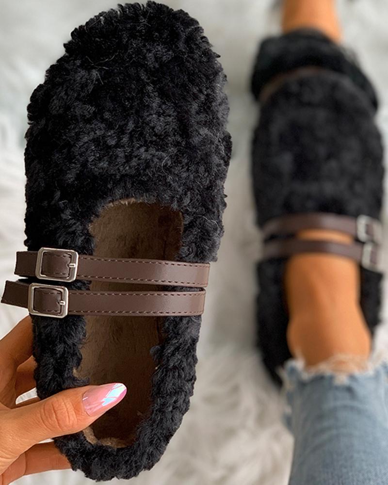 

Double Strap Buckled Fluffy Shoes, Black