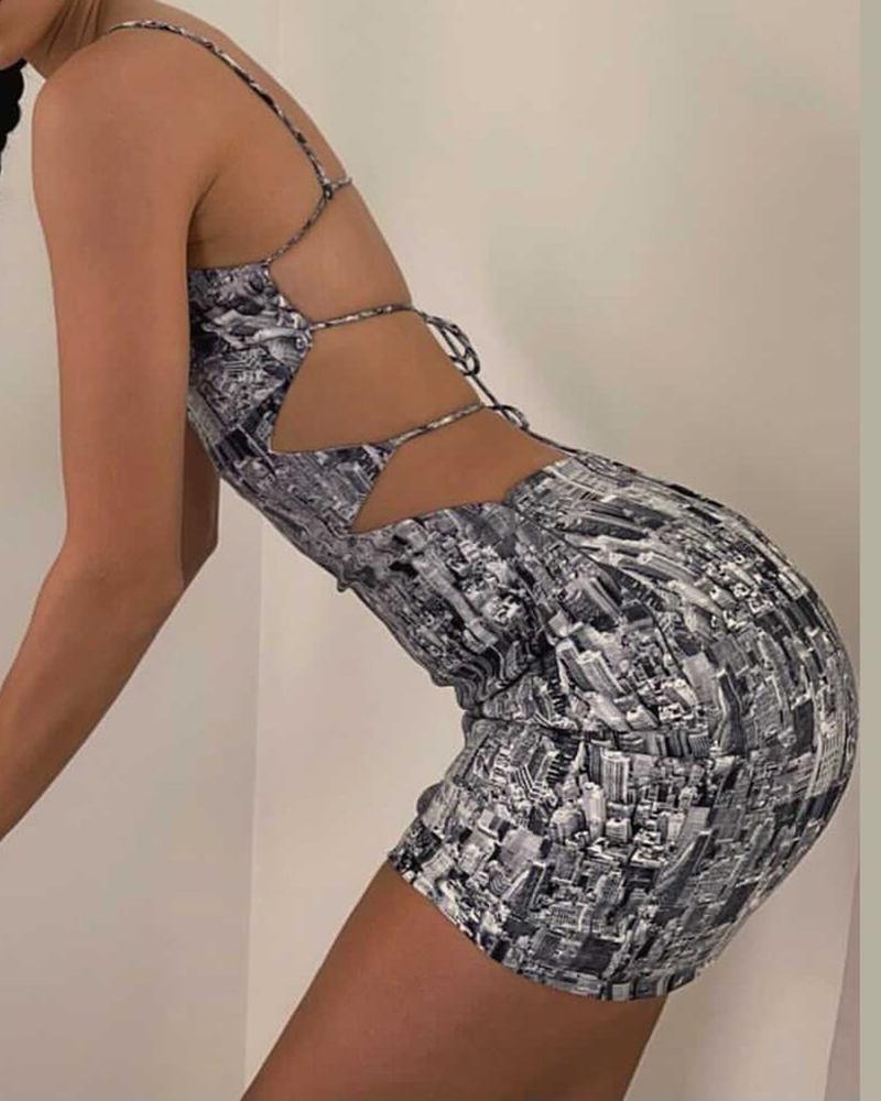 

All Over Print Lace-up Backless Bodycon Dress, Black