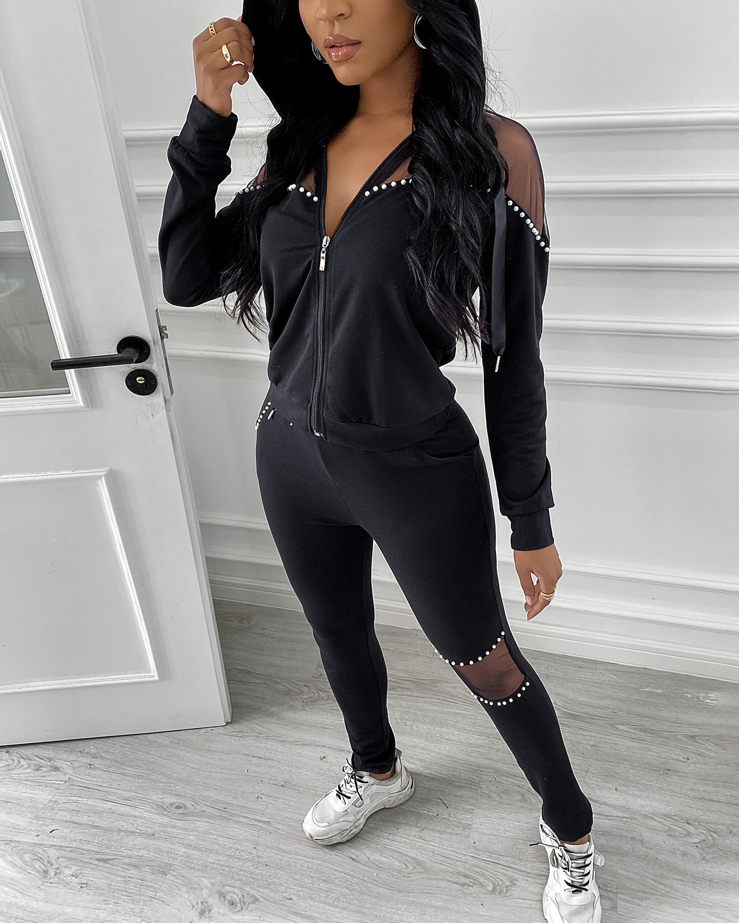

Sheer Mesh Zipper Design Top & Pants Set, Black
