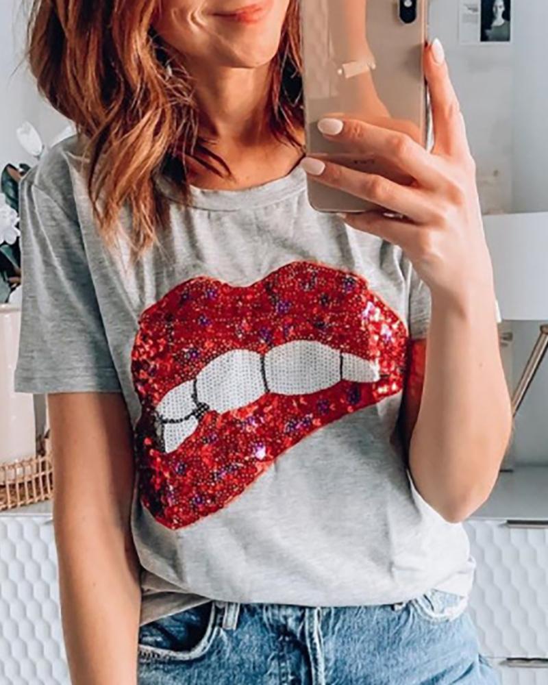 

Lip Print Sequins Short Sleeve T-shirt, Gray