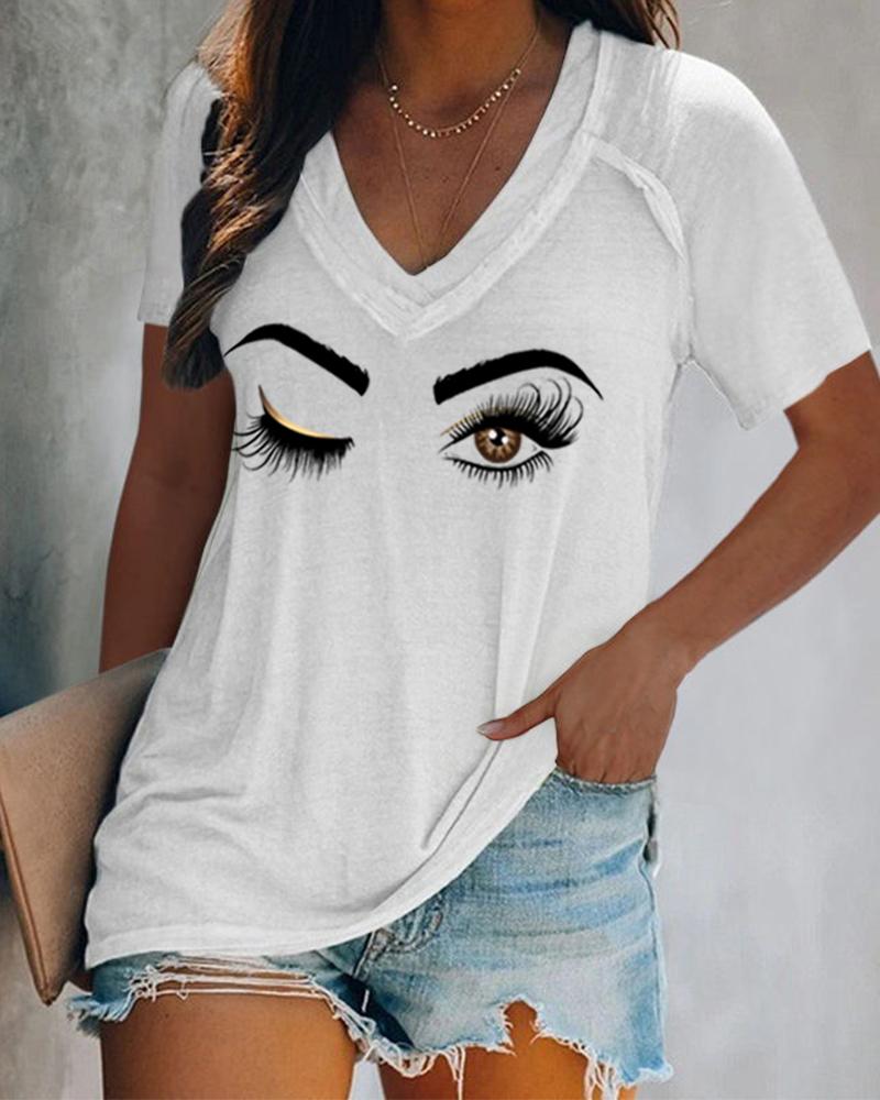 

V-Neck Eyelash Print Short Sleeve T-shirt, White