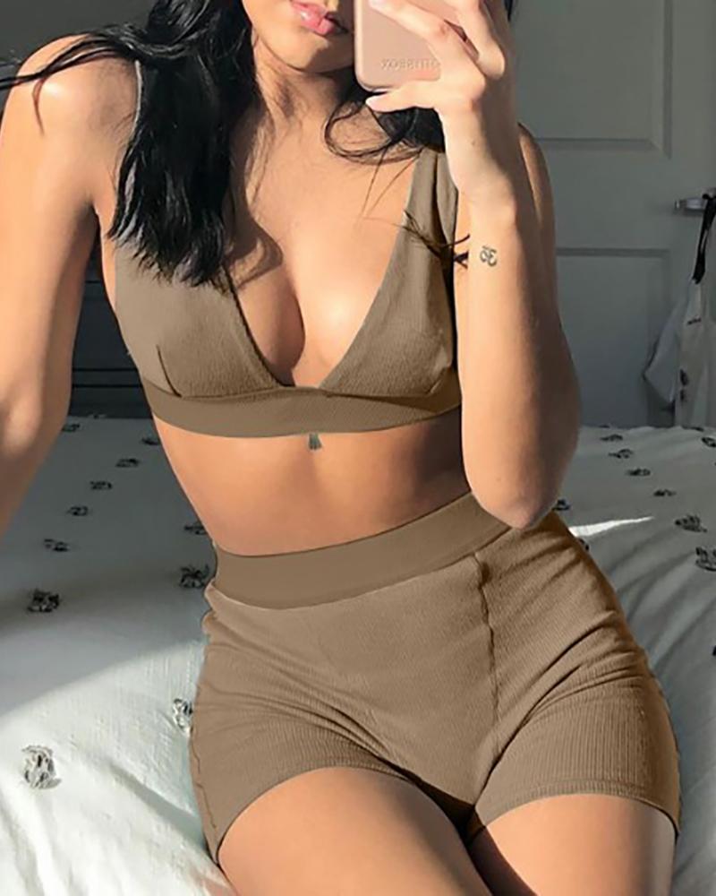 

Plain Deep V Neck Top & Shorts Set, Brown